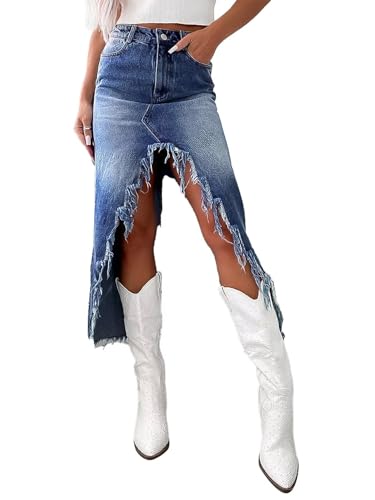 Womens' High Waist Midi Stylish Raw Hem Split Asymmetrical Wash Denim Skirt