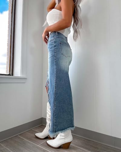 Womens Casual Slit Denim Midi Jean Skirt High Waist Frayed Distressed Button A-Line Long Jean Skirt