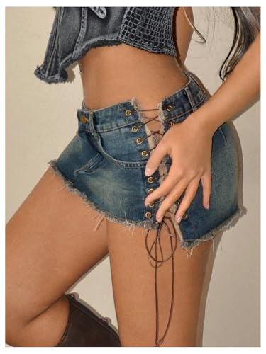 Women's Lace Up Side Bodycon Denim Mini Skirt Y2k Low Rise Frayed Hem Jean Skirts