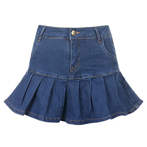 Women's Pleated Jean Skirt Casual A-Line Ruffle Y2K Mini Denim Skirt