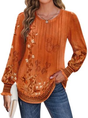 Womens Tops Puff Long Sleeve Shirts Dressy Casual Crew Neck Pleated Summer Fall Work Blouses S-3XL