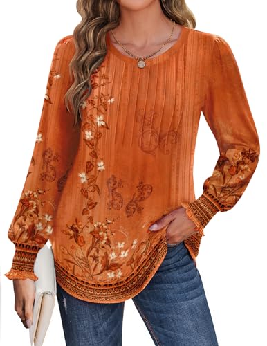 Womens Tops Puff Long Sleeve Shirts Dressy Casual Crew Neck Pleated Summer Fall Work Blouses S-3XL