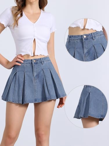 41ygBunFRUL.jpg Pleated Denim Skirt for Women's Casual A-Line High Waist Short Mini Jean Skirts