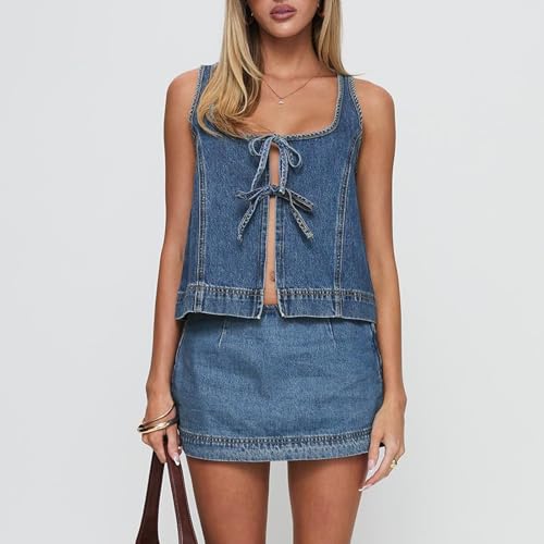 Women??s Tie Front Denim Jean Vest Top and Mini Skirt 2-Piece Set Summer Trendy Going Out Outfits Clothes 2025