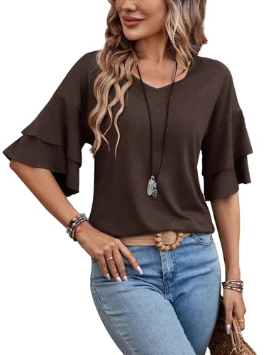 41zv6lWU-aL.jpg Womens Top Ruffle Sleeve Blouses V Neck T Shirts Casual Outfit Bell Sleeve Tee Spring Fall Summer Fashion Clothes Cute Tunic