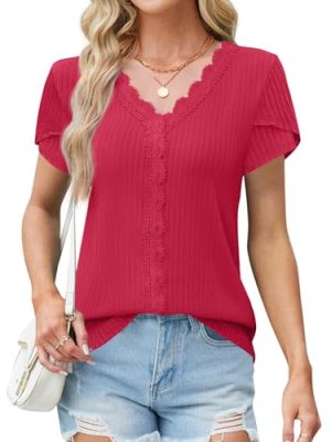 Blouses for Women Dressy Casual Petal Short Sleeve Business Work Tops Ladies Lace V Neck Summer Trendy Shirts