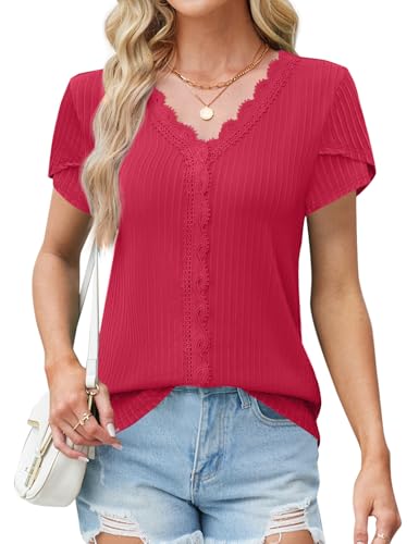 Blouses for Women Dressy Casual Petal Short Sleeve Business Work Tops Ladies Lace V Neck Summer Trendy Shirts