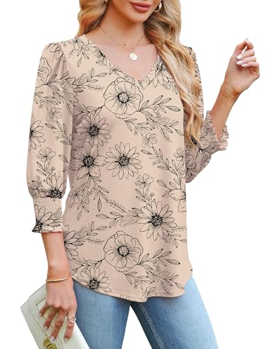 3/4 Length Sleeve Womens Tops Dressy Casual Blouses V Neck T Shirts with Smocked Cuffs