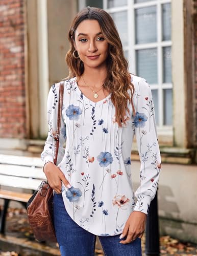 51-UxFIfM8L.jpg Women's Puff Long Sleeve Shirts Pleated V Neck Fall Tunic Tops Blouse Dressy Casual Loose Summer T-Shirts