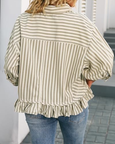 Womens Summer Tops Dressy Casual Blouse Top Ruffled Short Sleeve Button Down Striped Shirt