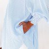 Womens Smocked Cuffed Striped Boyfriend Shirt Casual Collar Long Sleeve Oversized Button Down Blouse Tops with Pocket Shirred