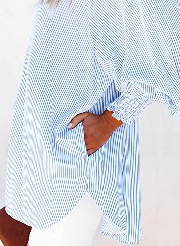512hHGt7F0L.jpg Womens Smocked Cuffed Striped Boyfriend Shirt Casual Collar Long Sleeve Oversized Button Down Blouse Tops with Pocket Shirred