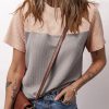 Womens Color Block Fashion Short Sleeve Crewneck Knitted Spring Summer Casual Loose T Shirts Tops