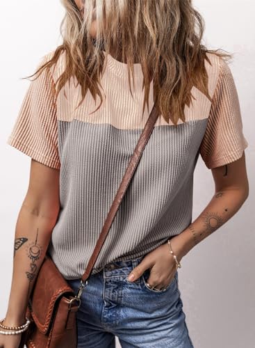 Womens Color Block Fashion Short Sleeve Crewneck Knitted Spring Summer Casual Loose T Shirts Tops