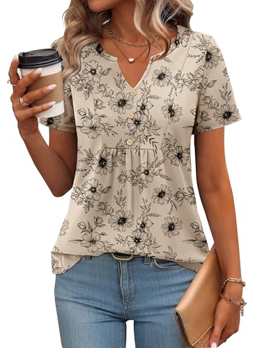 51588-wfKXL.jpg Womens Short Sleeve Tops Summer Henley V-Neck Tshirts Casual Pleated Blouse Dressy Loose Floral Basic Tee