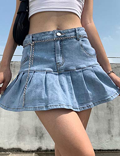 515QoSTk01L.jpg Women's Casual Slim A-line Pleated Ruffle Short Mini Denim Skirts