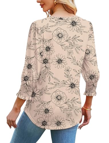 3/4 Length Sleeve Womens Tops Dressy Casual Blouses V Neck T Shirts with Smocked Cuffs