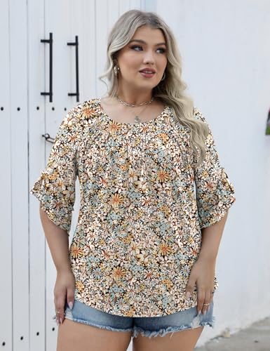 5179qBHPG7L.jpg Womens Plus Size Tops 3/4 Ruffle Sleeve Shirts Crewneck Pleated Blouses Dressy Casual Fashion Tunic Top (1X-5X)