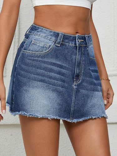Women's High Waist Bodycon Denim Mini Skirt Y2K Raw Hem Jean Skirt