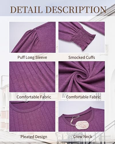 Womens Tops Puff Long Sleeve Shirts Dressy Casual Crew Neck Pleated Summer Fall Work Blouses S-3XL