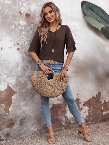 51AHlk7v8WL.jpg Womens Top Ruffle Sleeve Blouses V Neck T Shirts Casual Outfit Bell Sleeve Tee Spring Fall Summer Fashion Clothes Cute Tunic