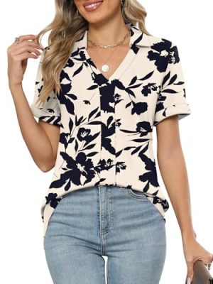 Womens Polo Shirts Dressy V Neck Business Casual Tops Lapel Collar Short Sleeve Summer Shirts Loose Fit Work Blouses