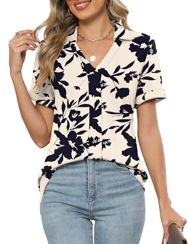 Womens Polo Shirts Dressy V Neck Business Casual Tops Lapel Collar Short Sleeve Summer Shirts Loose Fit Work Blouses