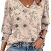 3/4 Length Sleeve Womens Tops Dressy Casual Blouses V Neck T Shirts with Smocked Cuffs