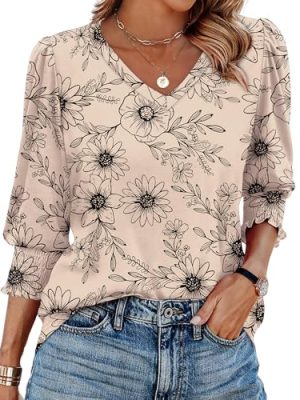 3/4 Length Sleeve Womens Tops Dressy Casual Blouses V Neck T Shirts with Smocked Cuffs