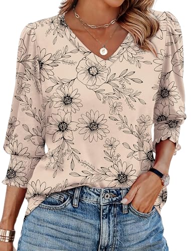 3/4 Length Sleeve Womens Tops Dressy Casual Blouses V Neck T Shirts with Smocked Cuffs