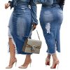 Women's Casual Slit Denim Midi Jean Skirt Stretch High Waisted Button Up Frayed with Pockets