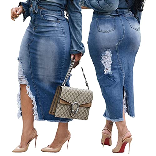 Women's Casual Slit Denim Midi Jean Skirt Stretch High Waisted Button Up Frayed with Pockets