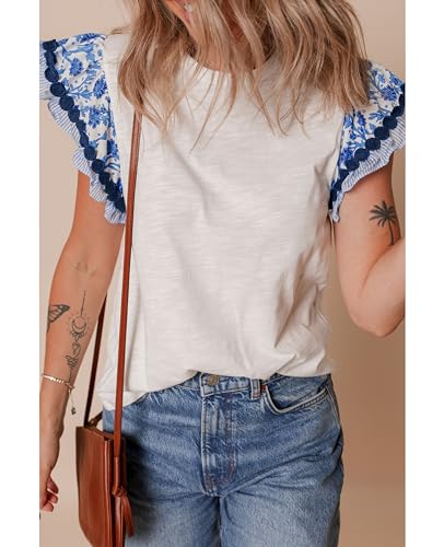 51GD3KqVkDL.jpg Womens Summer Ruffle Short Sleeve Top Crewneck T Shirts Floral Trim Casual Blouses