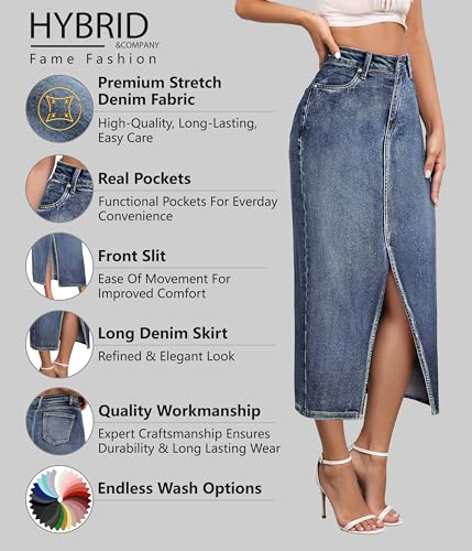 Women's Long Denim Skirt ?C Stretch Jean Skirt for Office and Casual Wear