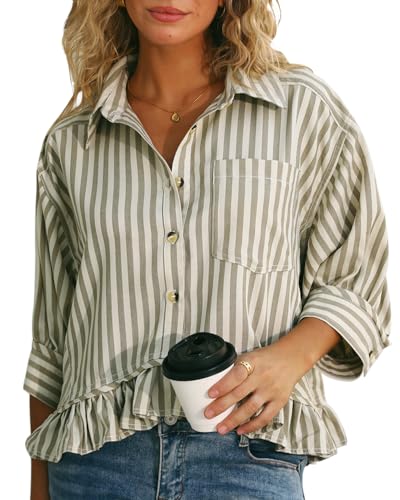Womens Summer Tops Dressy Casual Blouse Top Ruffled Short Sleeve Button Down Striped Shirt
