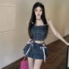 Y2K Women Ruffle Hem Blue Jean Pleated Mini Skirt - Denim Bustier Top Suit