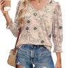 3/4 Length Sleeve Womens Tops Dressy Casual Blouses V Neck T Shirts with Smocked Cuffs