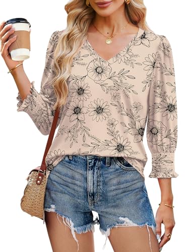 3/4 Length Sleeve Womens Tops Dressy Casual Blouses V Neck T Shirts with Smocked Cuffs