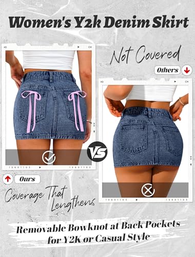 Mini Denim Skirt Women Stretch Jean Skirt High Waisted Casual Short Jean Skirt 5 Pockets with Bows Y2K