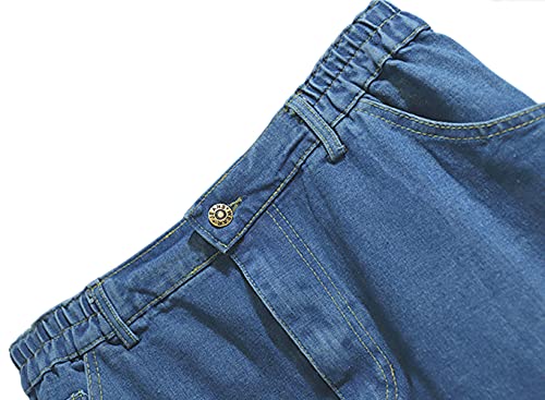 Women's Summer Casual Elastic Waist Pockets Work Midi Denim A Line Skirt