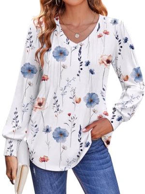 Women's Puff Long Sleeve Shirts Pleated V Neck Fall Tunic Tops Blouse Dressy Casual Loose Summer T-Shirts
