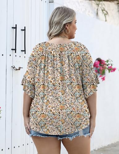 51KvDoVJLHL.jpg Womens Plus Size Tops 3/4 Ruffle Sleeve Shirts Crewneck Pleated Blouses Dressy Casual Fashion Tunic Top (1X-5X)