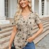 Womens Short Sleeve Tops Summer Henley V-Neck Tshirts Casual Pleated Blouse Dressy Loose Floral Basic Tee
