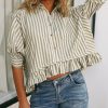 Womens Summer Tops Dressy Casual Blouse Top Ruffled Short Sleeve Button Down Striped Shirt