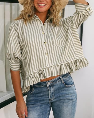 Womens Summer Tops Dressy Casual Blouse Top Ruffled Short Sleeve Button Down Striped Shirt