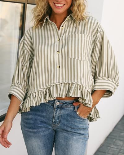 Womens Summer Tops Dressy Casual Blouse Top Ruffled Short Sleeve Button Down Striped Shirt