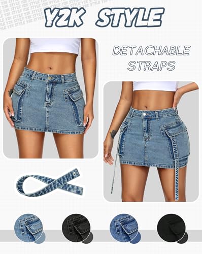 Womens Cargo Skirt Low Waist Button Denim Mini Skirt Summer Y2k Jean Skirt with Flap Pockets