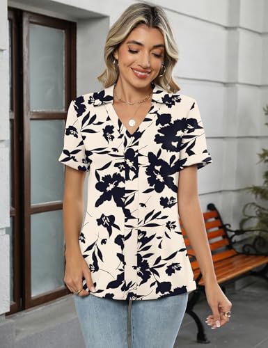 Womens Polo Shirts Dressy V Neck Business Casual Tops Lapel Collar Short Sleeve Summer Shirts Loose Fit Work Blouses