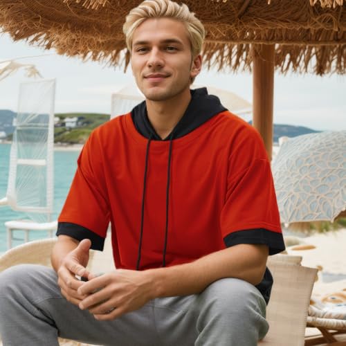 51Xv0gMPqL.jpg Mens Short Sleeve Hoodie Soft Cotton Color Block Moisture Wicking Big Pocket Streetwear Short Sleeve Sweatshirt