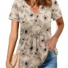 Womens Short Sleeve Tops Summer Henley V-Neck Tshirts Casual Pleated Blouse Dressy Loose Floral Basic Tee